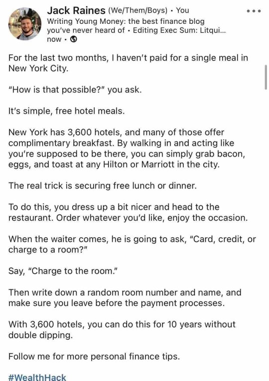 This guy is tryna finesse free meals in NYC by charging it to a random room number. Wild.
