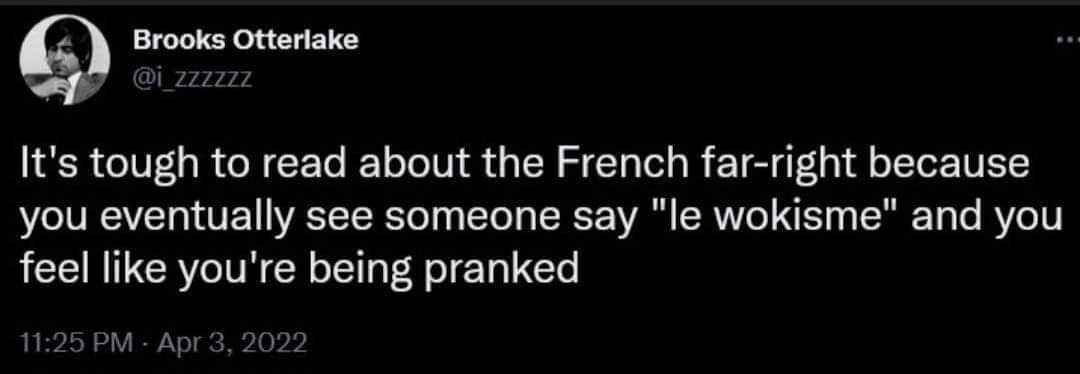 When someone on the French far-right says "le wokisme" and you feel like you're being pranked.