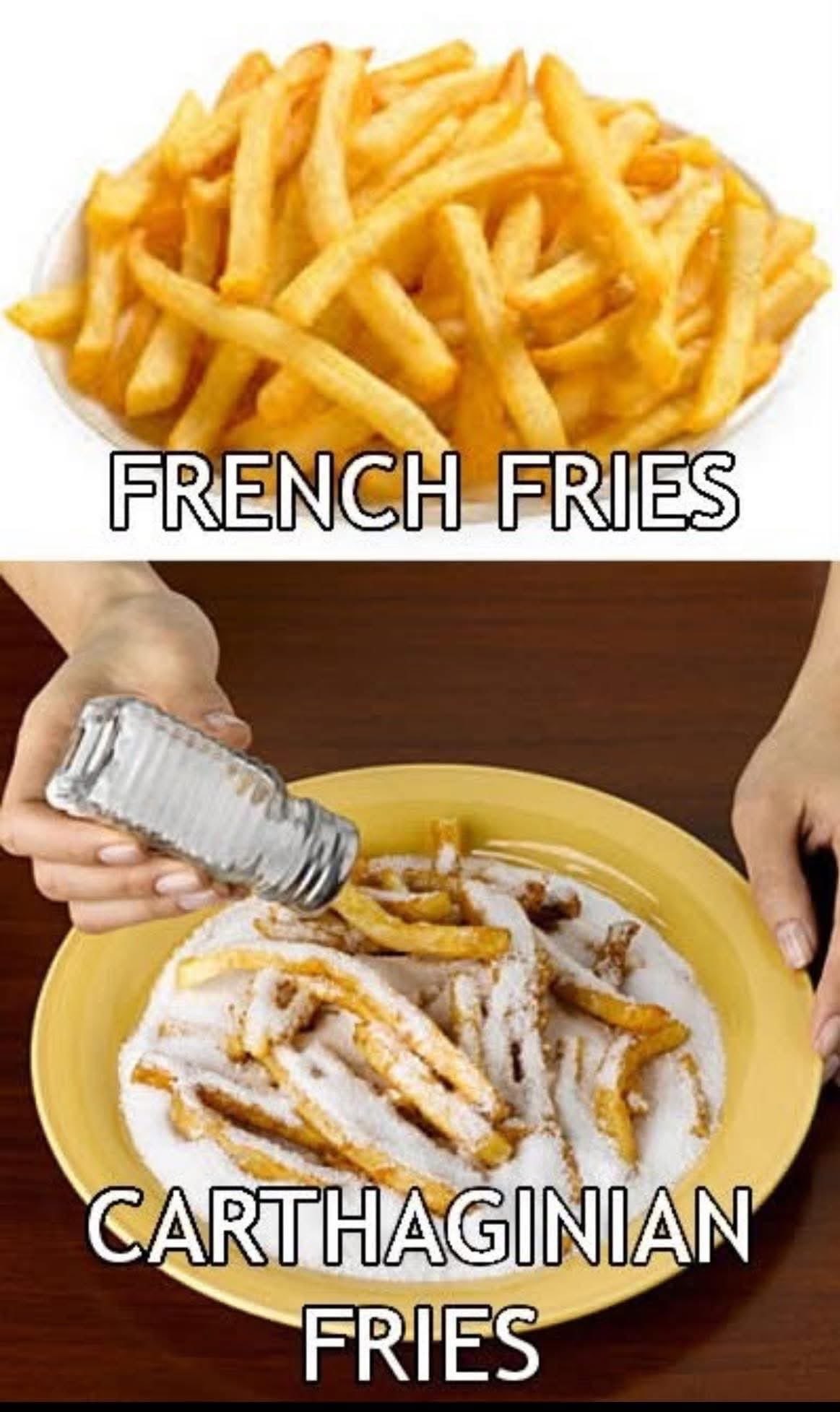 French fries that look normal vs. when you accidentally grab the sugar shaker instead of salt.