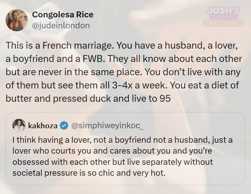 French marriage seems like a whole vibe: husband, lover, FWB, and a boyfriend all in rotation. Someone's living their best life.