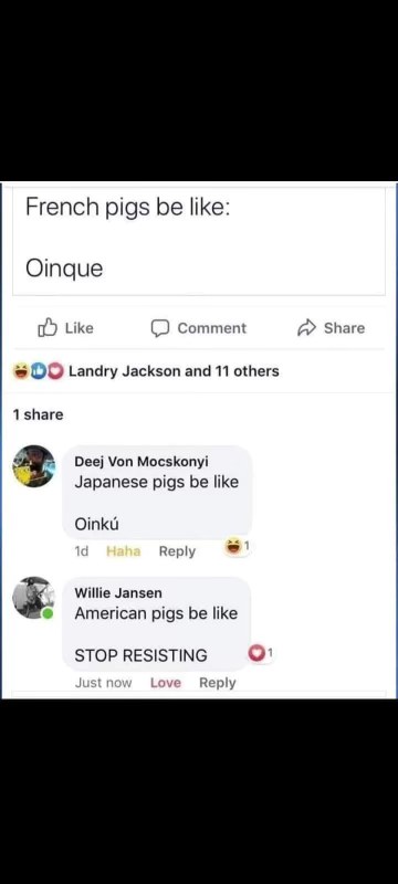 When people try to stereotype pig sounds and then one person is just like 'STOP RESISTING'