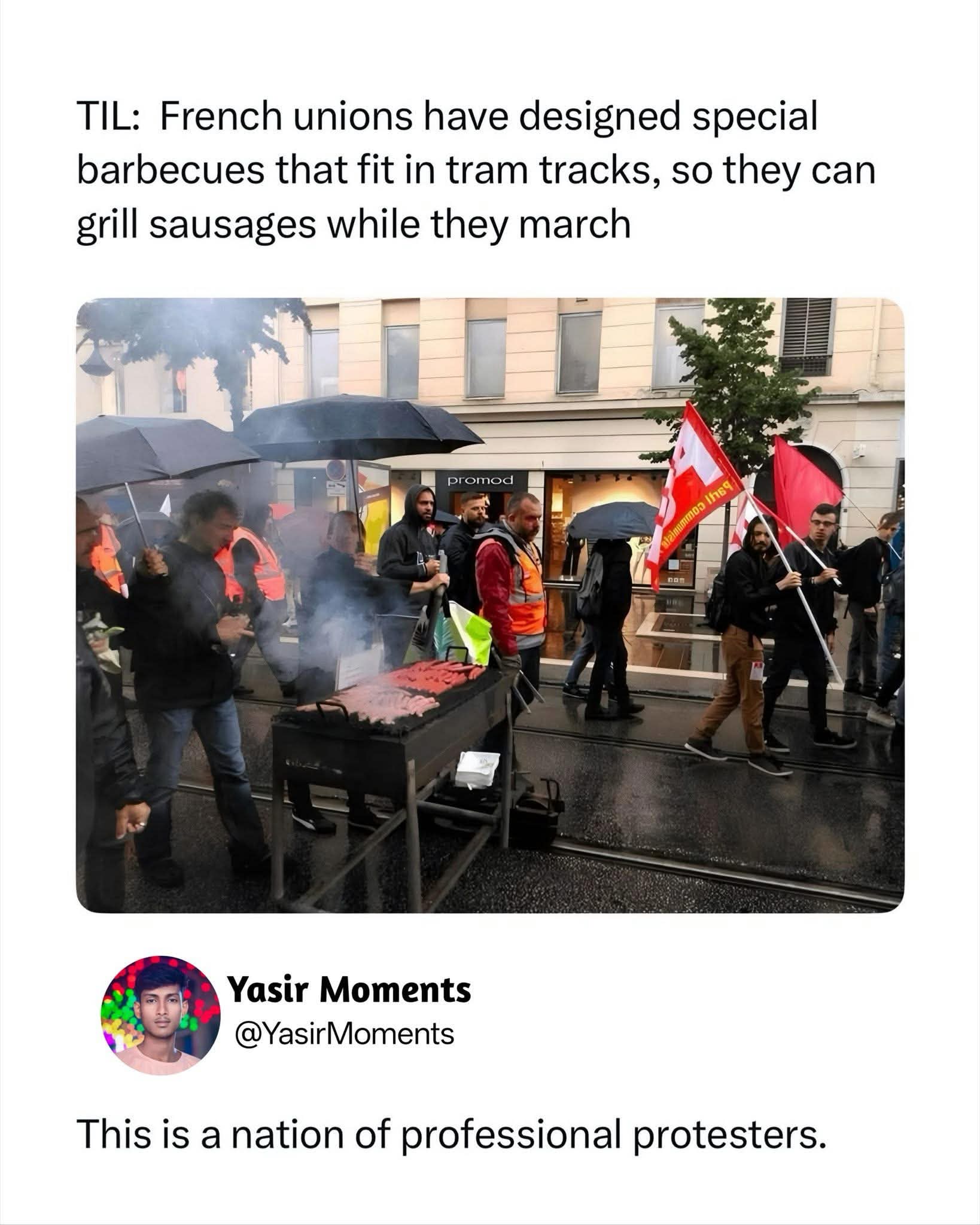 French protesters are so dedicated they bring their own BBQ to marches. Now that's commitment.