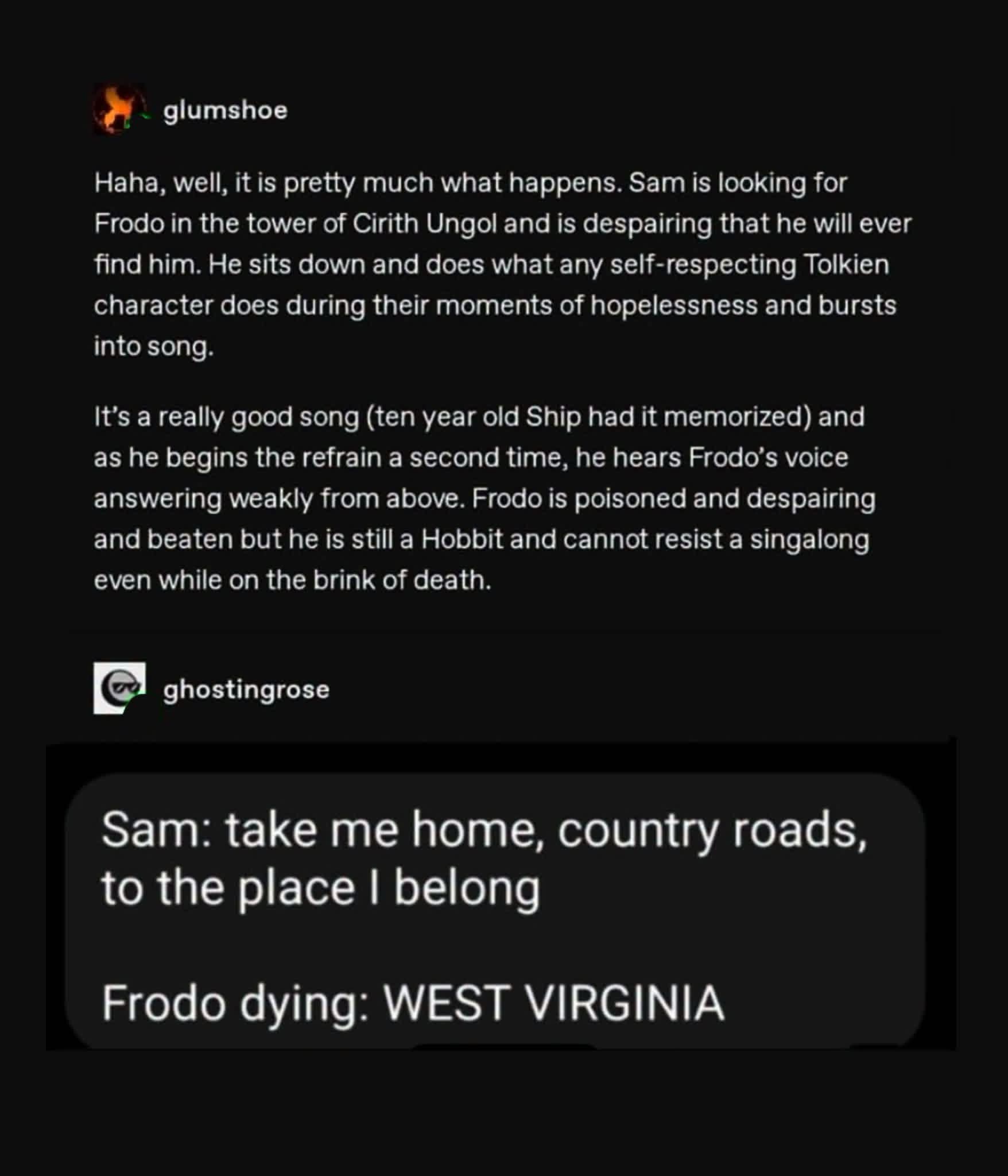 Frodo's dying words are literally the John Denver lyrics Sam was singing about him. lol