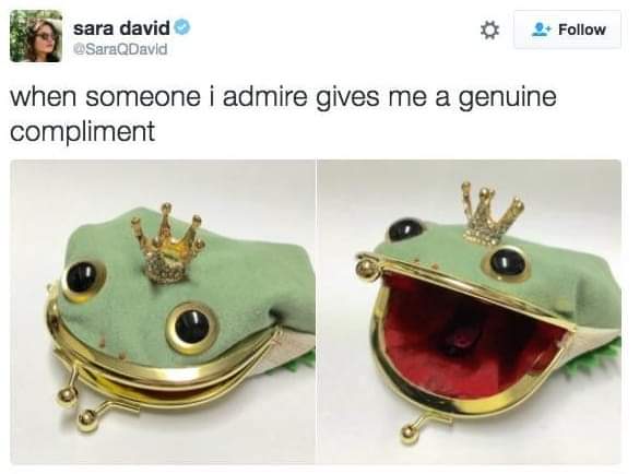 This frog coin purse is me when someone I admire gives me a genuine compliment.
