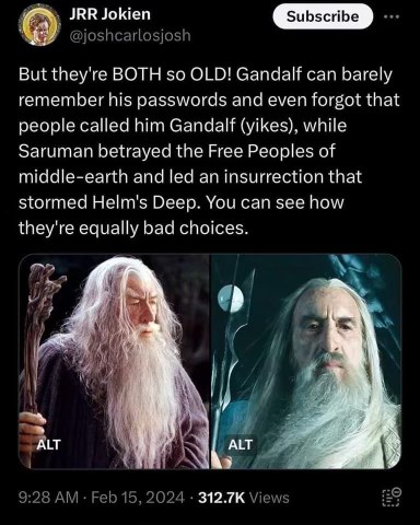 This tweet is making fun of how old Gandalf and Saruman are by comparing their memory issues and Saruman's past betrayals as 'equally bad choices'