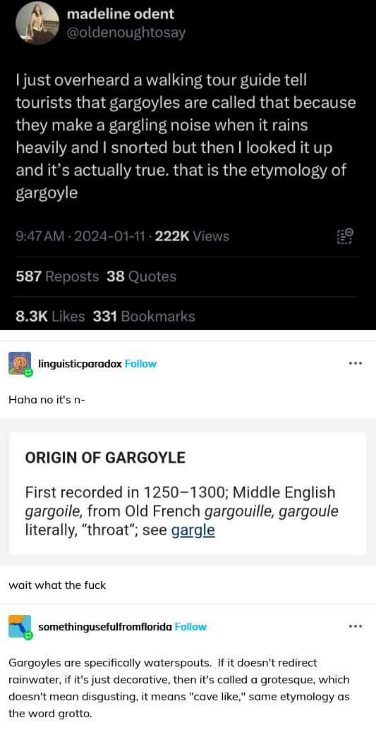So gargoyles aren't actually monsters, they're just fancy gutters that gargle when it rains. Mind blown.