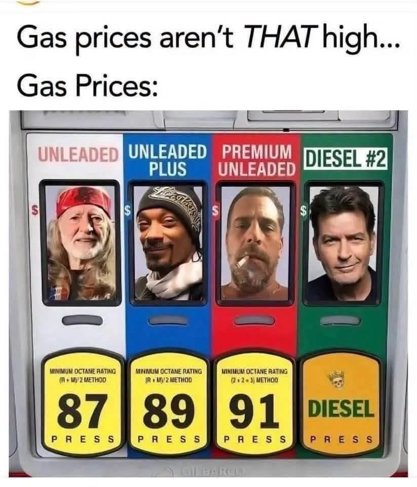 When the gas prices are so high, they start using celebs to represent the octane levels 😂