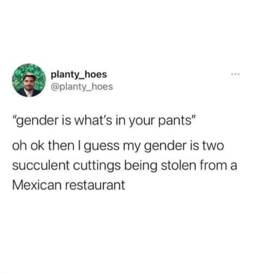 When someone says gender is what's in your pants but you're a petty plant thief