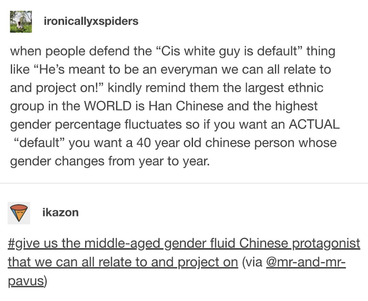 Imagine a default protagonist that's a genderfluid 40-year-old Chinese person, lol.