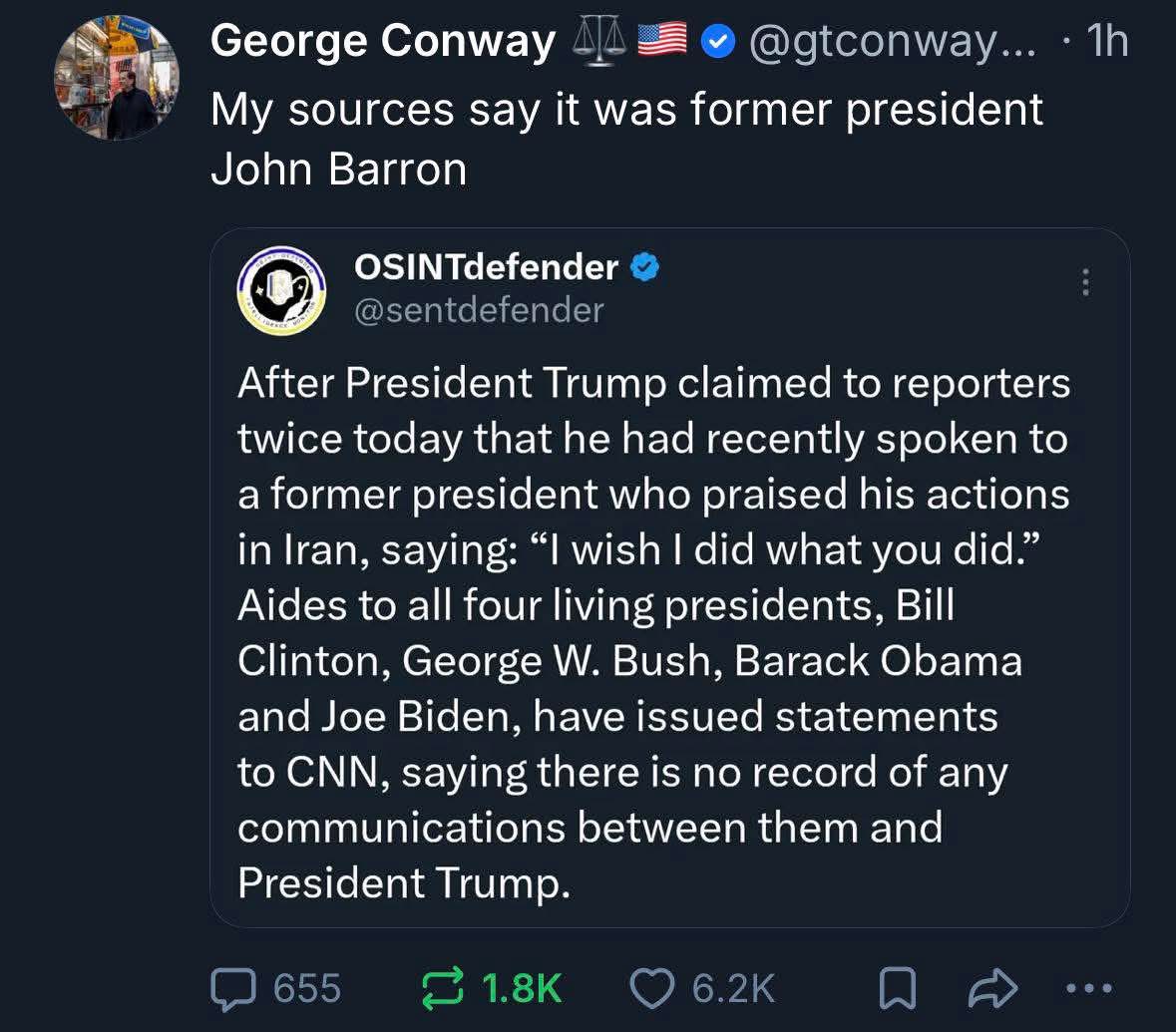 OMG, George Conway is throwing shade by bringing up John Barron, who Trump used as a fake name. This is wild.