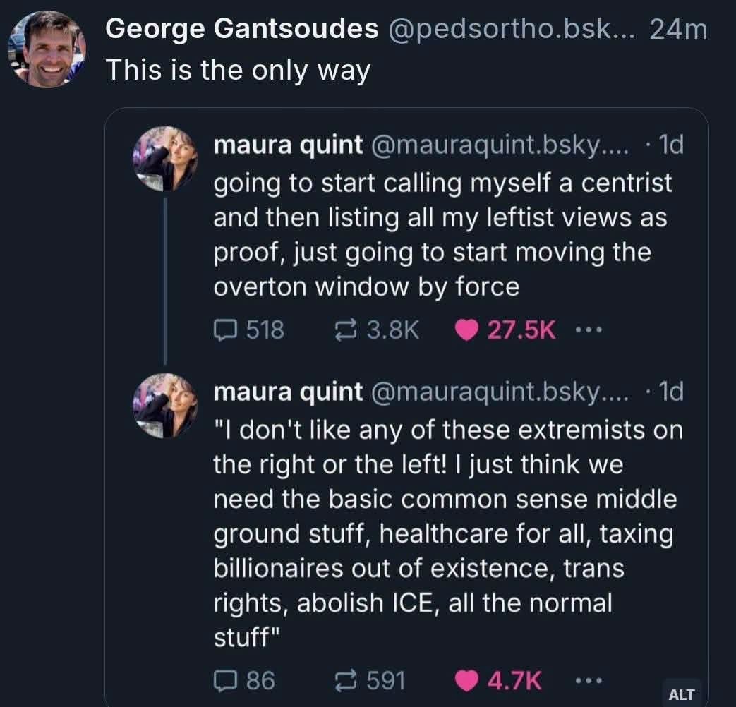 When you call yourself a centrist but then list all your leftist views to 'move the Overton window'