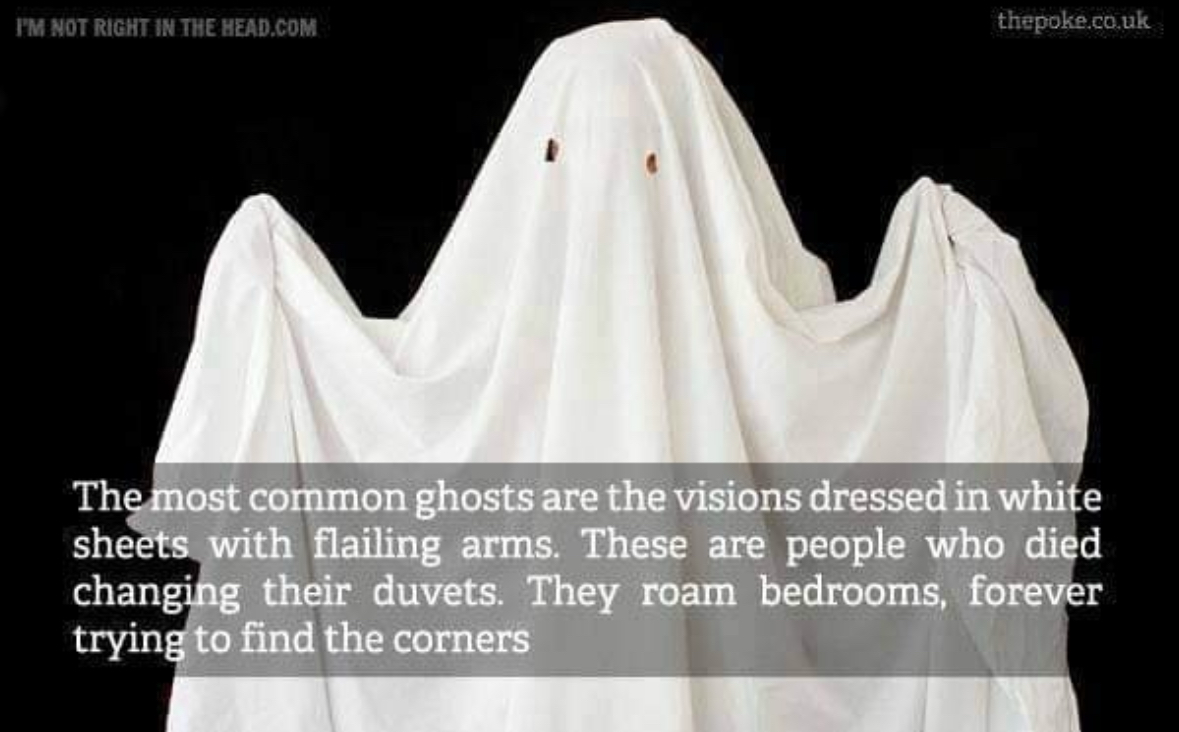So apparently ghosts are just people who died trying to put a fitted sheet on a mattress.