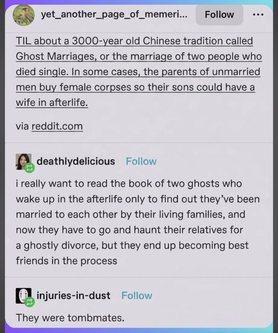 When you find out your afterlife soulmate was arranged by your parents... and they were dead the whole time.