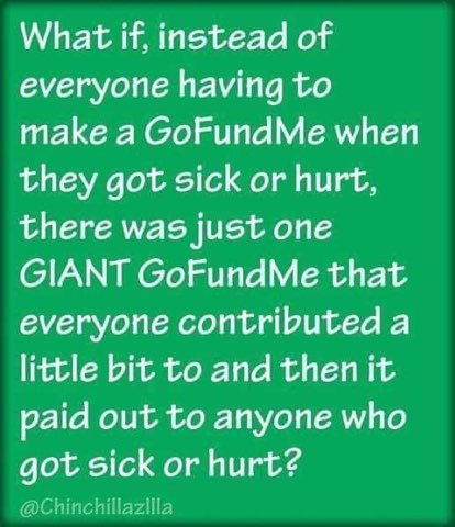 Okay but imagine a universal GoFundMe for emergencies, like a group insurance plan but chaos