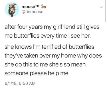 When your girlfriend knows you're terrified of butterflies and still gives you them, implying she's a supervillain lol