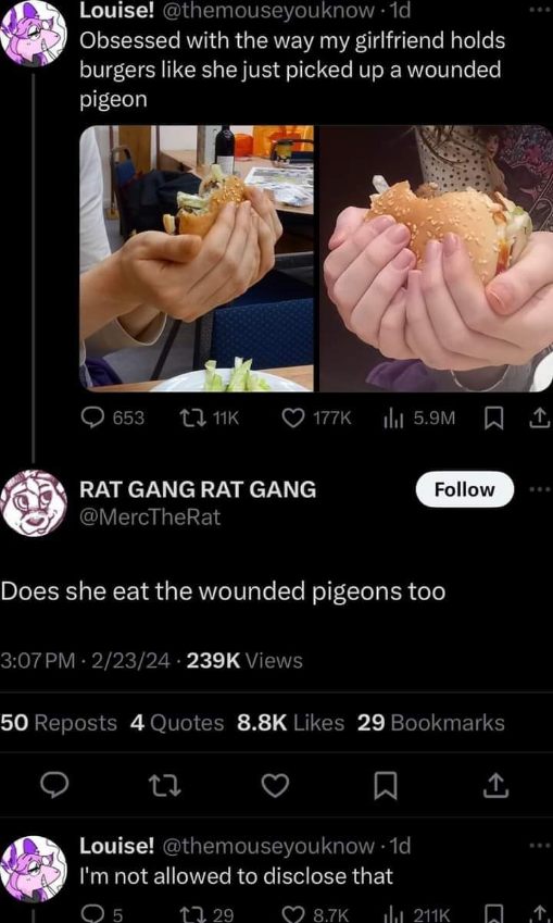Her girlfriend holds burgers like they're wounded pigeons, and then someone asks if she eats them too. Oof.