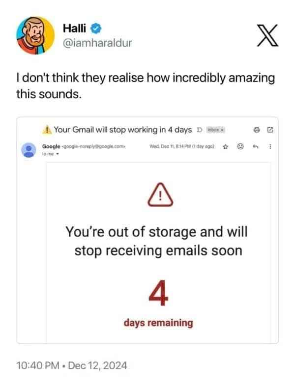 Me getting a notification that my Gmail is full and about to stop working... like it's a fun countdown timer.