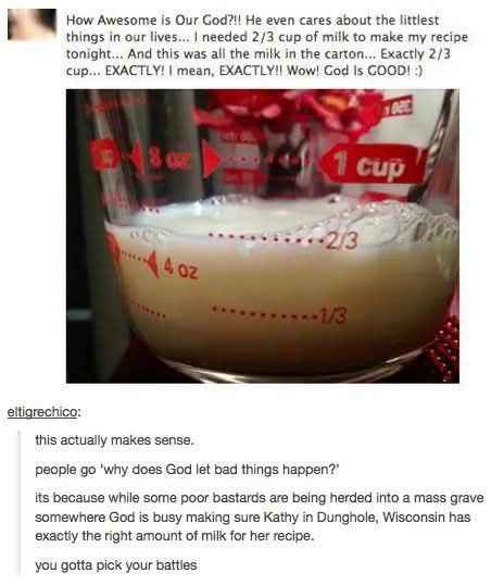God really out here prioritizing milk quantities over catastrophic events lol