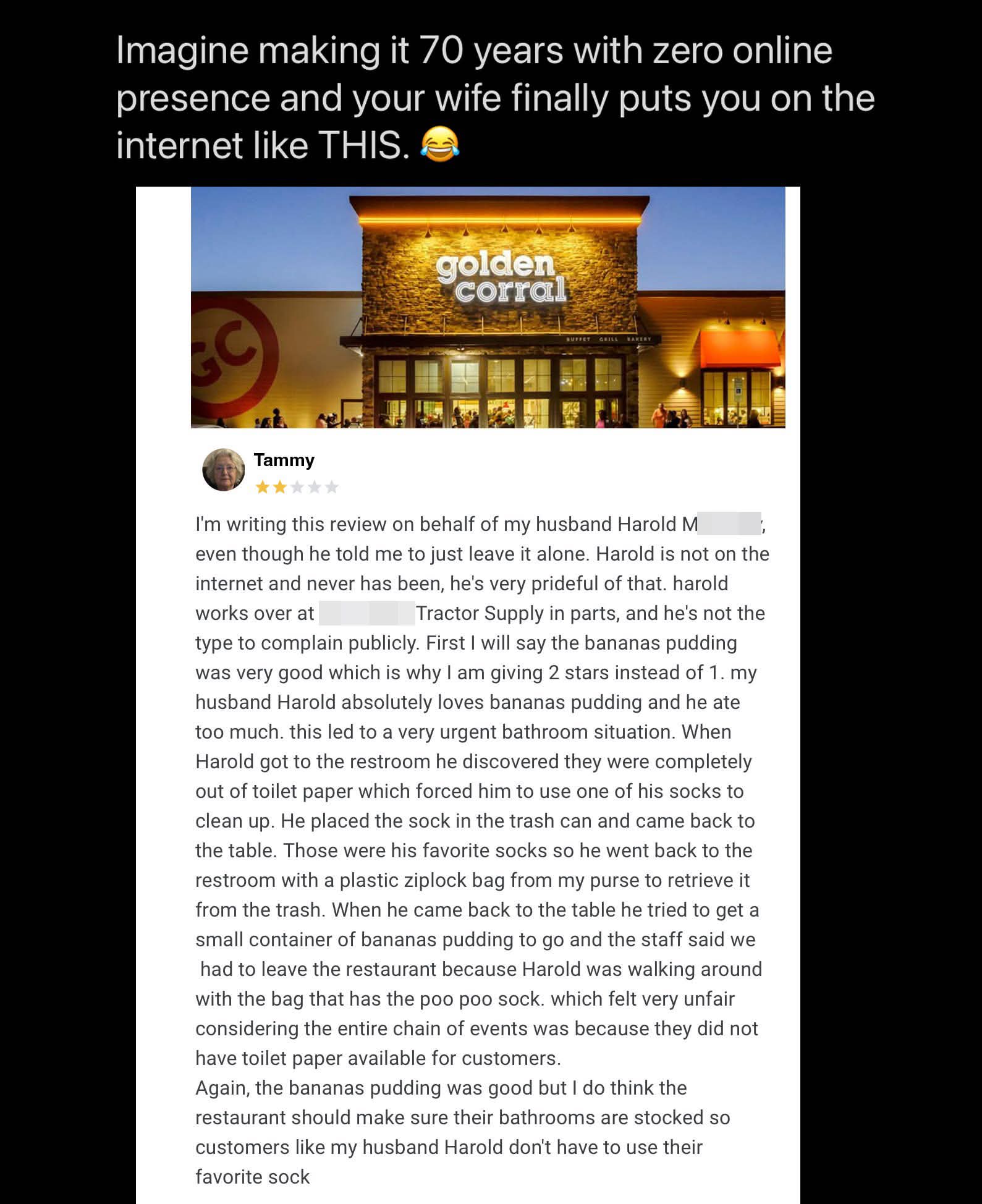 When your wife's review of Golden Corral ends up on the internet, and it involves a poo poo sock incident.
