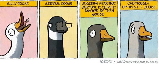 Me feeling like I'm the silly goose, serious goose, and the one with the lingering fear all at once.