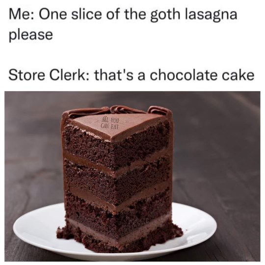 Me wanting something dark and mysterious like goth lasagna, but I guess chocolate cake will have to do.