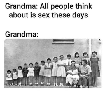 Grandma saying everyone's obsessed with sex vs. grandma posing with her 8 kids.