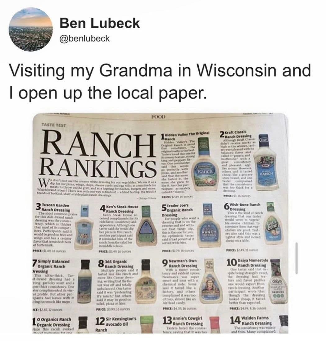 Grandma is really out here with the ranch rankings in the local paper.