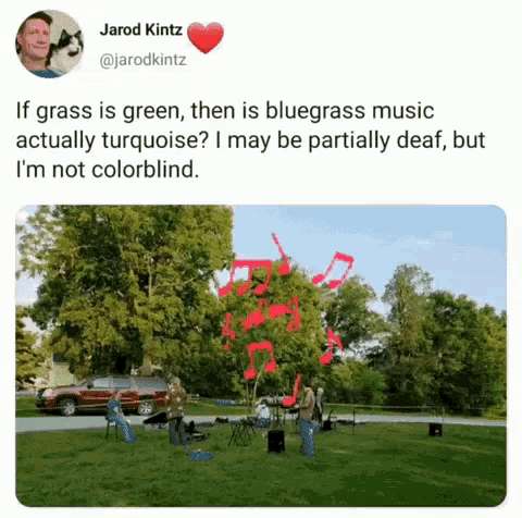 This guy's questioning if bluegrass music is actually turquoise all because grass is green lol