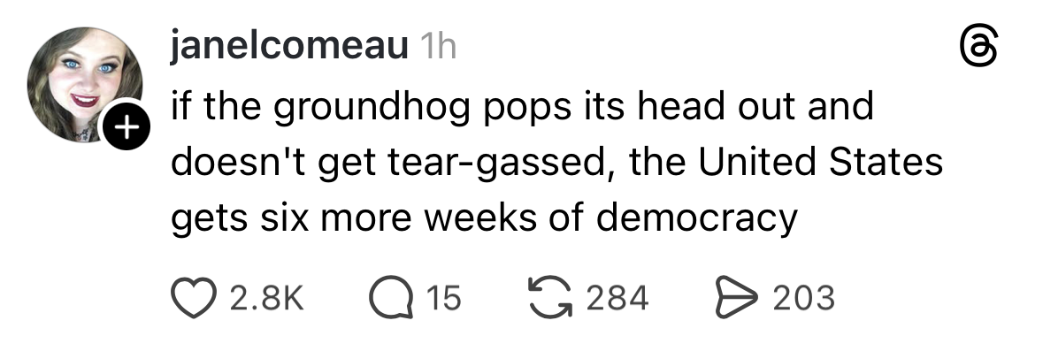 Guess we're getting six more weeks of democracy if the groundhog doesn't get tear-gassed lol