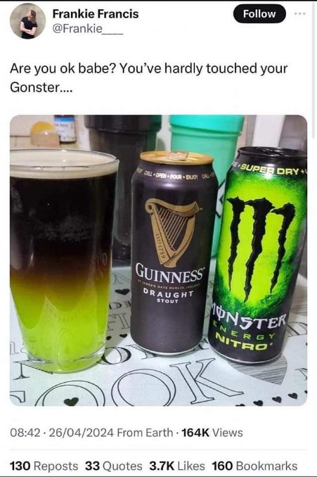 This is what happens when you try to mix Guinness with a Monster energy drink