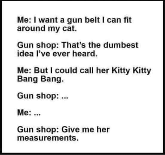 When your silly idea is so bad the gun shop employee eventually just goes with it. Kitty Kitty Bang Bang!