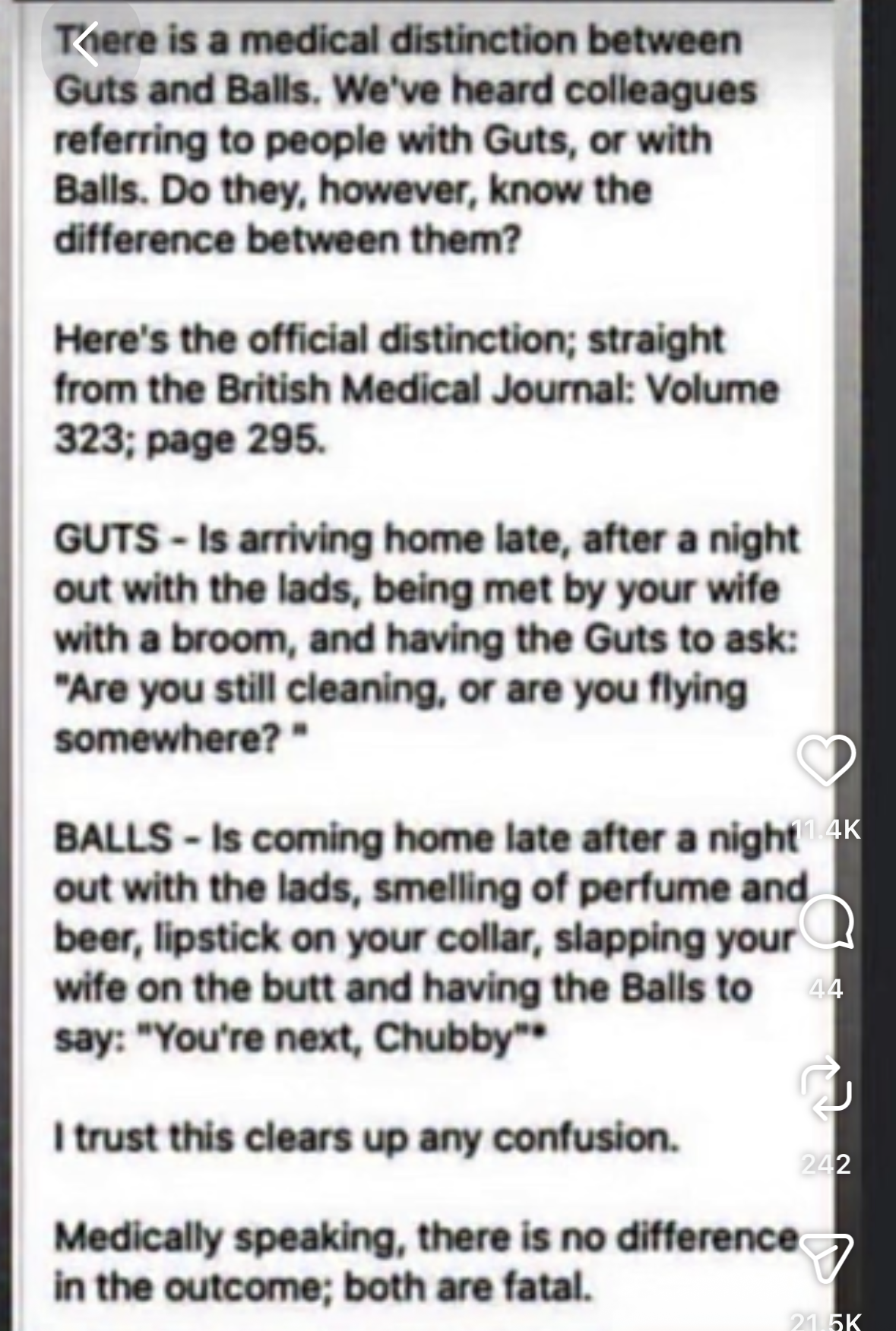 Basically, both 'Guts' and 'Balls' lead to a fatal outcome, especially if you come home late. Who knew?