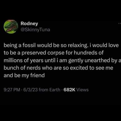This guy wants to be a fossil so he can finally achieve his dream of being unearthed by nerds and making friends