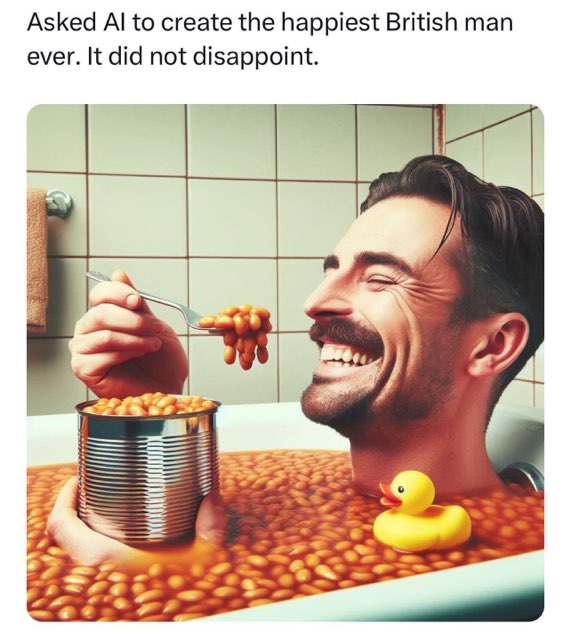 This is what peak British happiness looks like: a man bathing in beans with a rubber ducky.