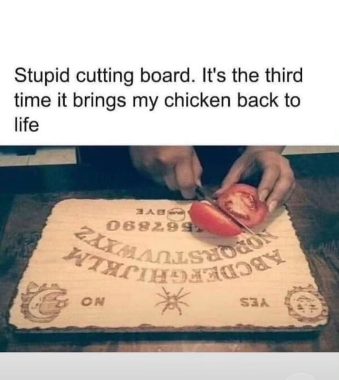 My cutting board is haunted and keeps reviving my chicken. This is getting ridiculous.