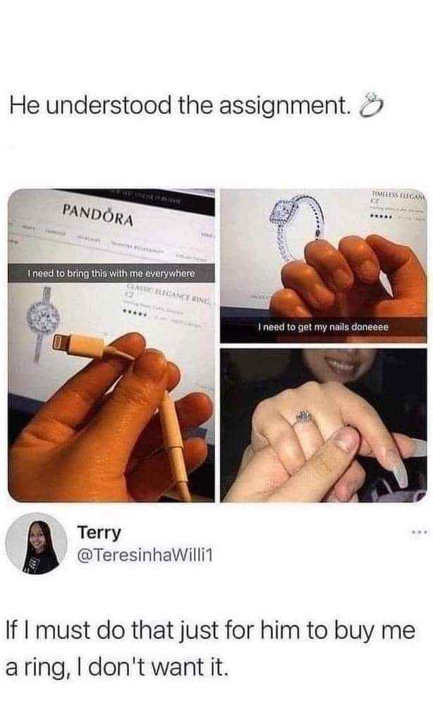 Imagine having to drag your boyfriend to Pandora and show him nail inspo just for a ring...