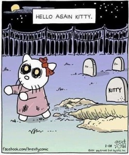 Zombie Hello Kitty rising from the grave, ready to say 'hello again kitty'