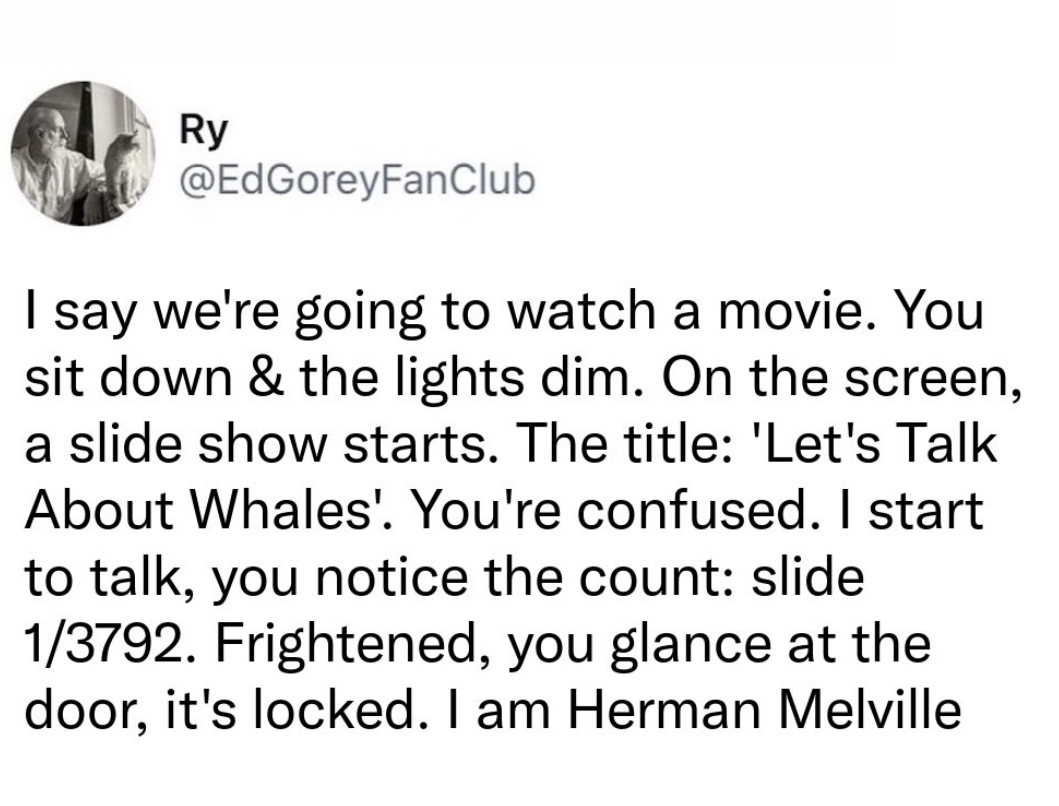 When you agree to watch a movie but it turns out to be an endless lecture about whales by Herman Melville