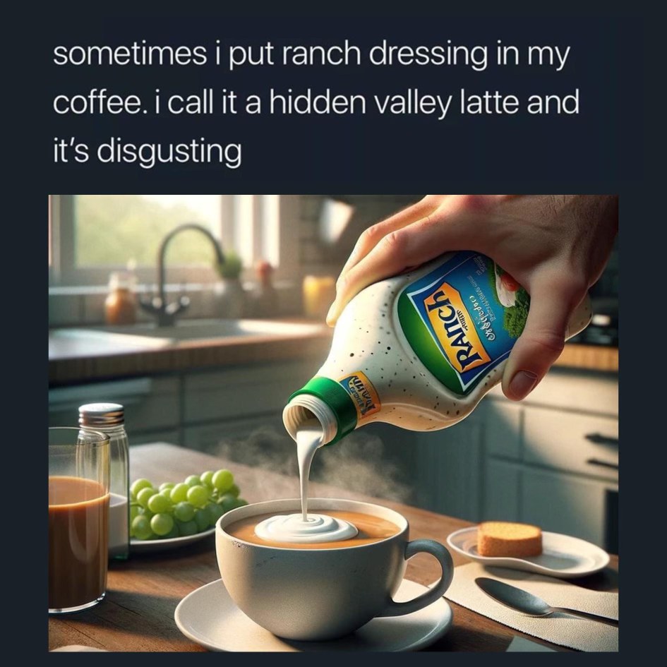 My weird breakfast combo: ranch dressing in coffee. It's called a Hidden Valley Latte.