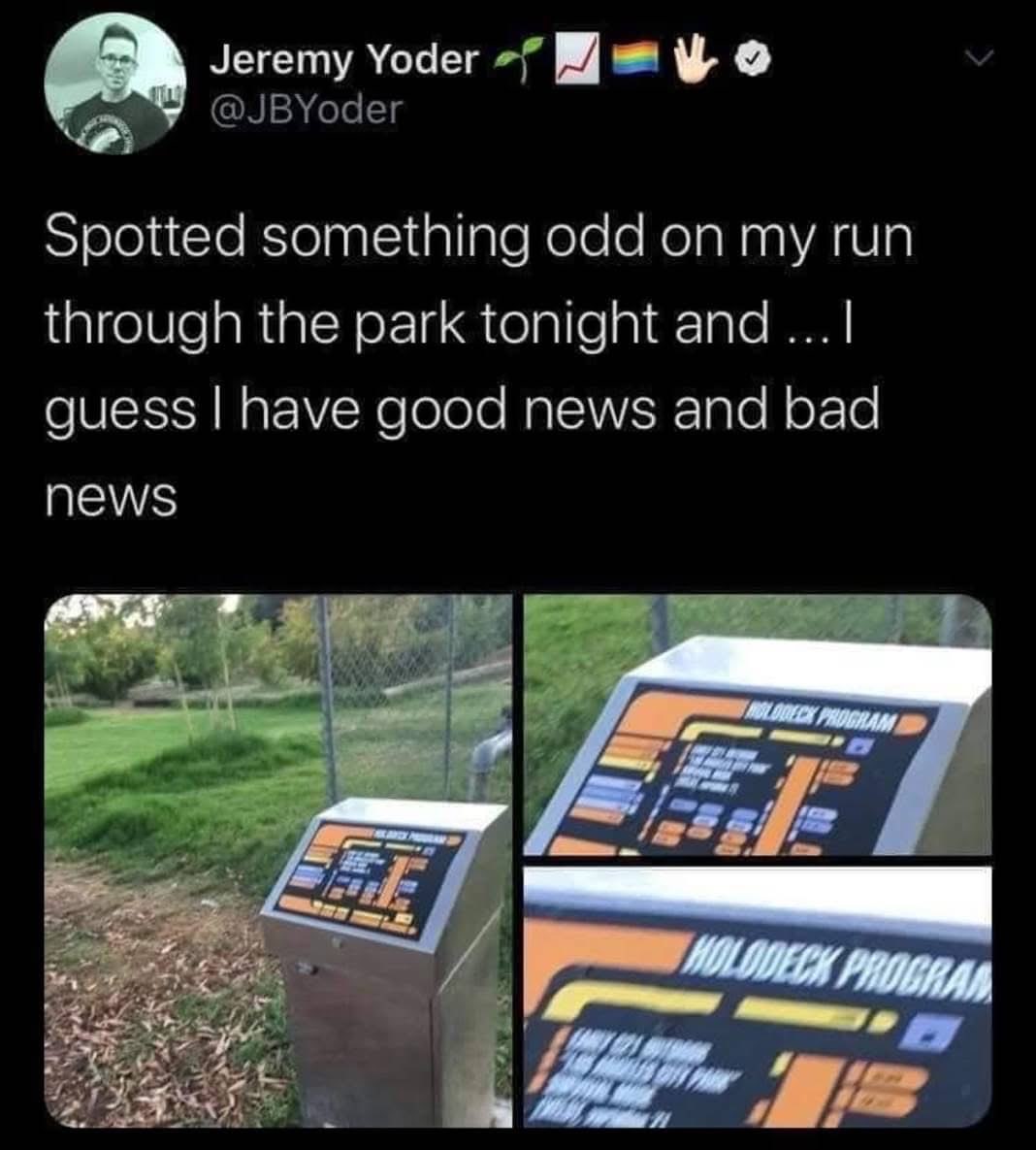 Found a Holodeck program machine in the park? Guess the good news is we can go to space, bad news is it's probably broken.