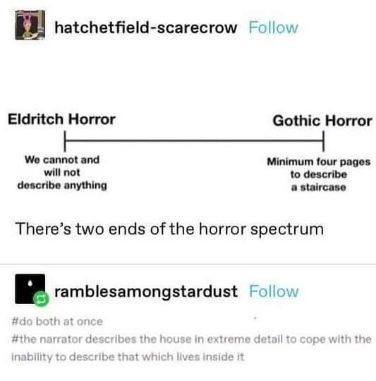 Love this spectrum of horror. Like, let's not describe the unspeakable, but we will describe this staircase for like, ten pages.