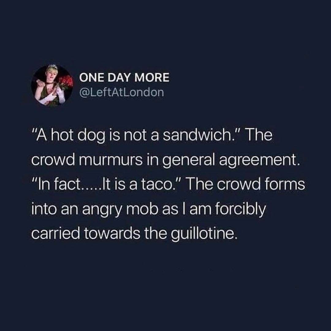 Me getting canceled for having a controversial opinion about hot dogs being tacos.