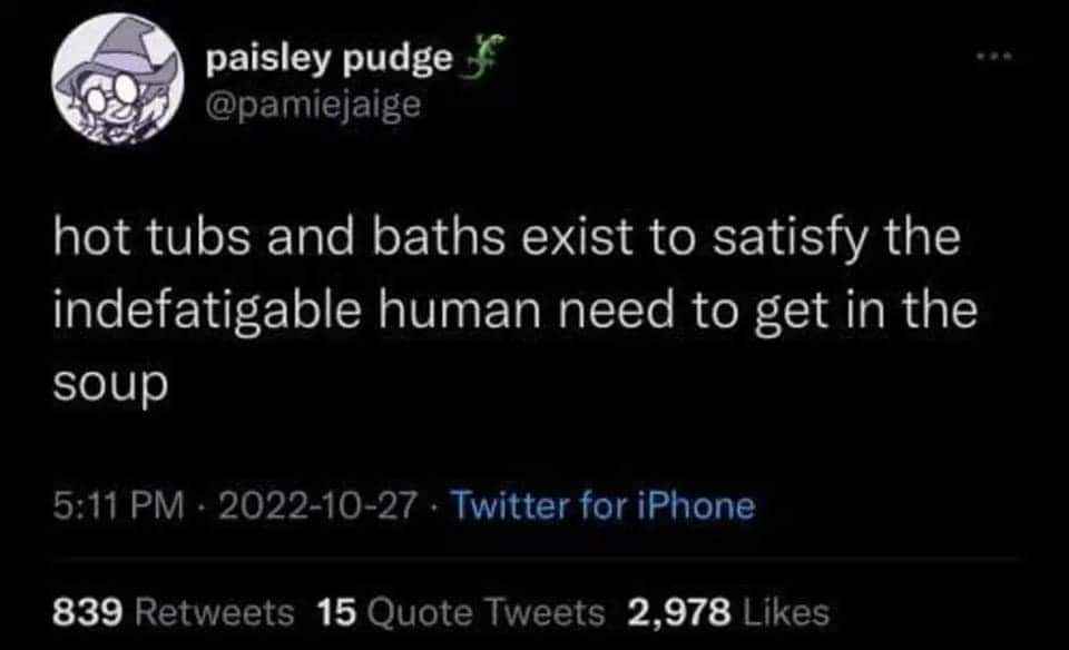 Hot tubs and baths just exist so we can get in the soup ugh