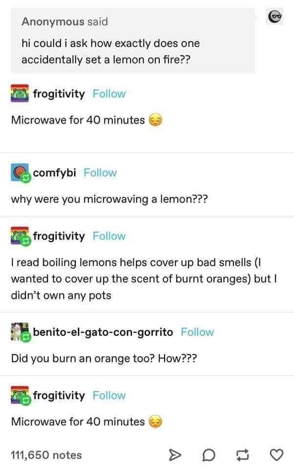 how do you ask how to accidentally set a lemon on fire??? oh, you microwave it for 40 minutes, obviously.