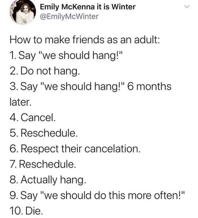 This is the most accurate guide to making friends as an adult I've ever seen.