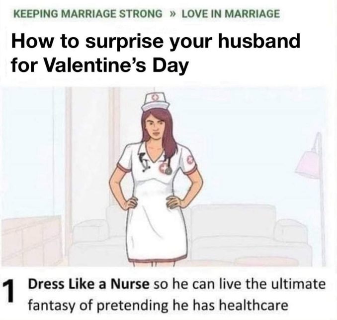 Husbands dreaming of healthcare while their wives dress up as nurses for Valentine's Day