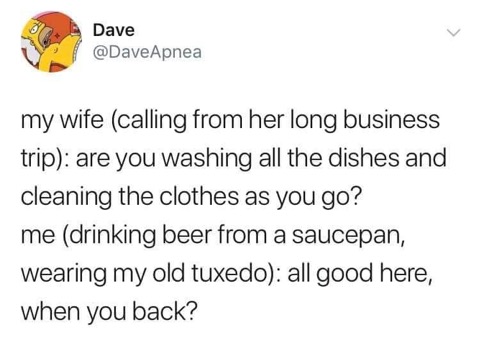 My wife asked if I was doing chores while she's gone, and I told her everything's fine while I'm drinking beer from a saucepan in a tuxedo.