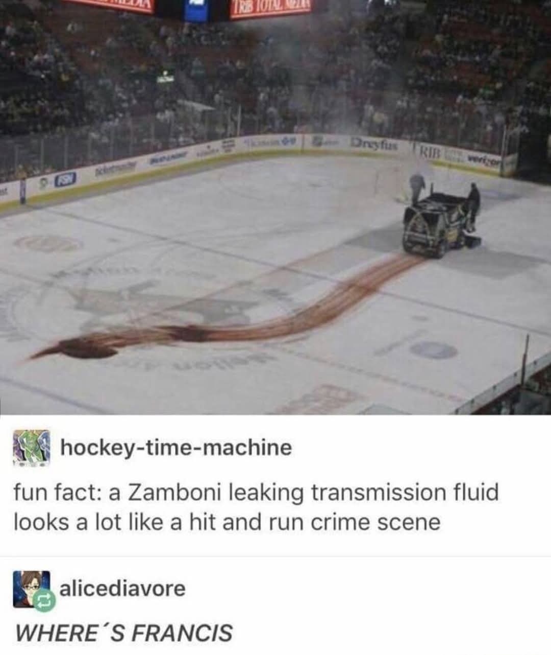 When the Zamboni fluid makes it look like a crime scene and you immediately think of NCIS.