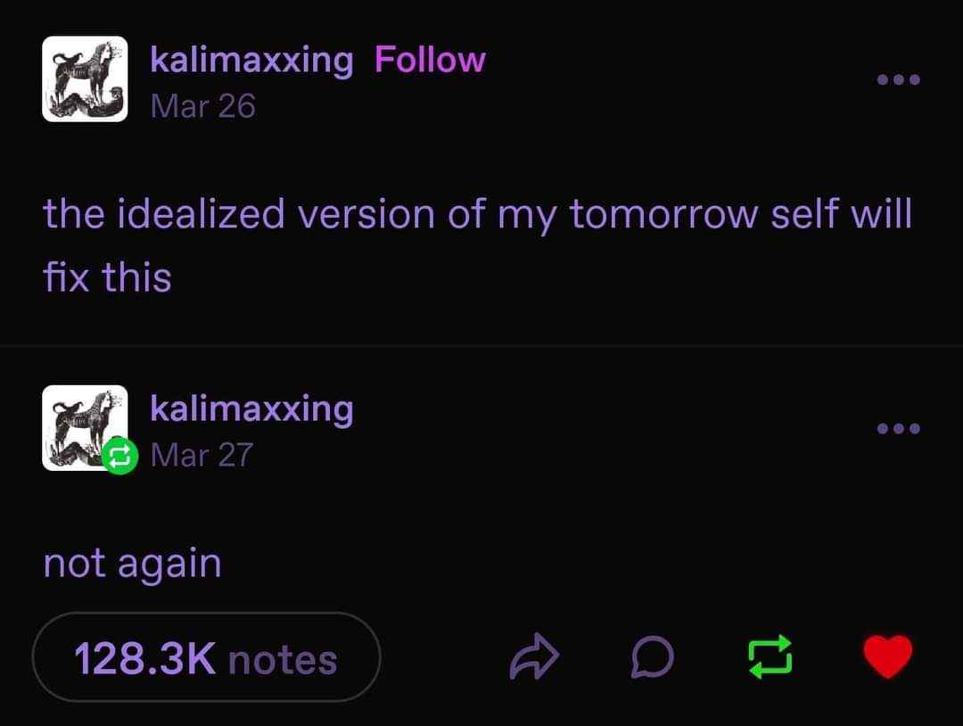 When your 'future self' was supposed to fix everything but nope, not again.