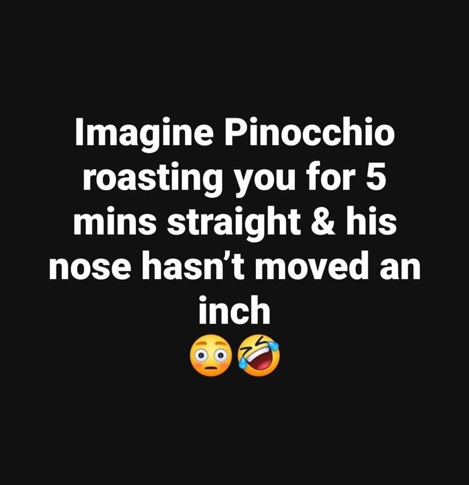 Imagine Pinocchio roasting you for 5 mins straight and his nose doesn't even move.